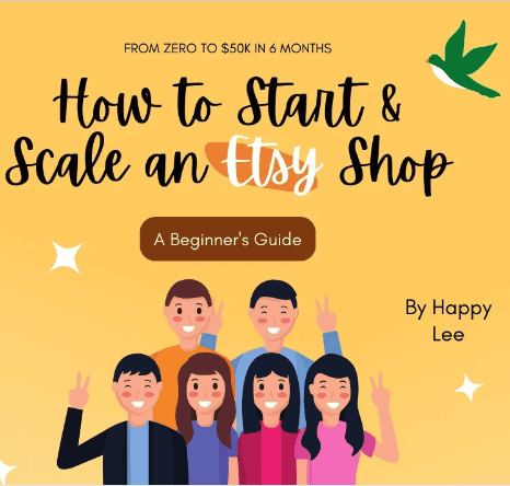 Cover of a beginner's guide book on starting and scaling an Etsy shop, with an illustration of a group of cheerful people using free tools.